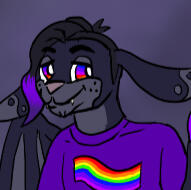 A sleepy-looking rabbit creature with rainbow-colored eyes, wearing a purple t-shirt with a rainbow flag on it.