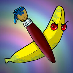 A sleepy-looking rabbit creature with rainbow-colored eyes and vampire fangs.